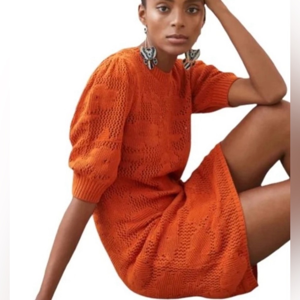 Anthropologie Maeve Pointelle Cotton Knit Orange Short Sleeve Dress - Size XS